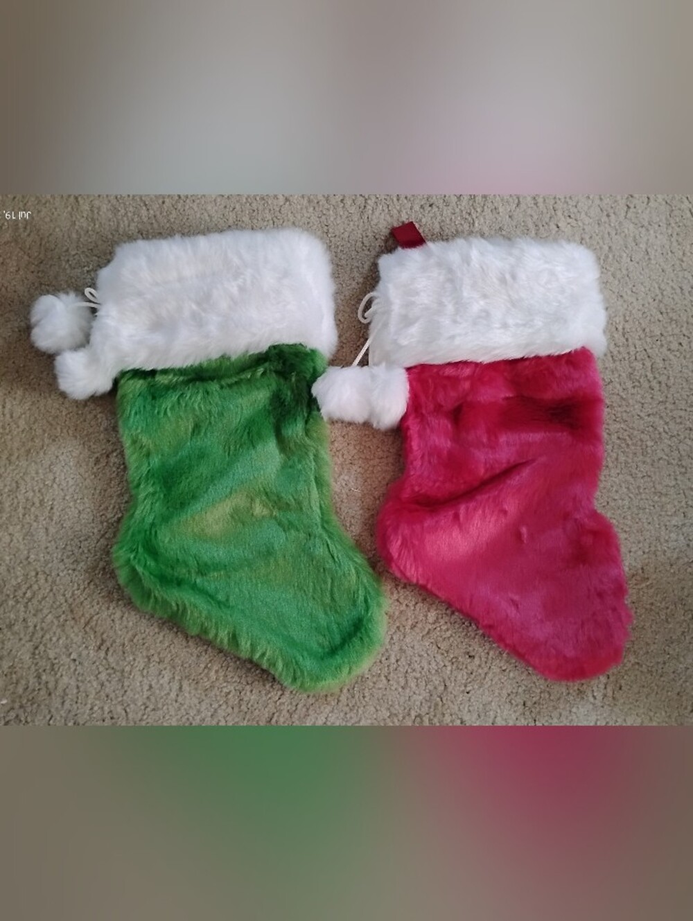Brand New Pair of Fuzzy Holiday Stockings in Green and Pink